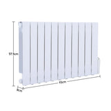 Wall-mounted electric radiator heater in white with vertical fins, size diagram shown
