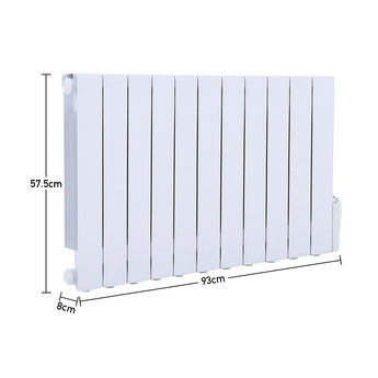 Wall-mounted electric radiator heater in white with vertical fins, size diagram shown