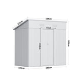 Metal storage shed size diagram with sloped roof and measured dimensions