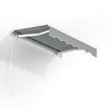 Grey manual retractable patio awning with support arms and scalloped front valance