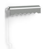 Grey manual retractable awning box with scalloped valance and hanging support arm