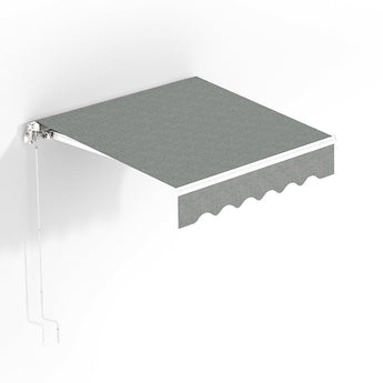 Grey manual retractable awning, wall-mounted box with fabric extended and scalloped edge