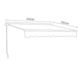 Retractable patio awning size diagram: 250CM width, 200CM projection, grey