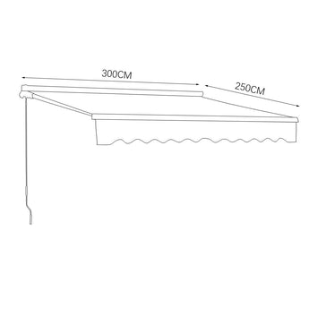 Retractable patio awning size diagram: 300CM width, 250CM projection, grey