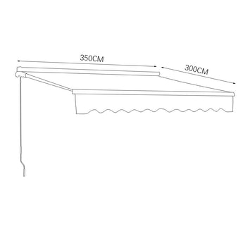 Retractable patio awning size diagram: 350CM width, 300CM projection, grey