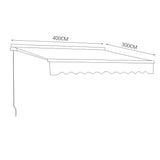 Retractable patio awning size diagram: 400CM width, 300CM projection, grey