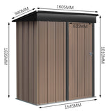 Metal garden tool storage shed with rooftop, size diagram with labeled dimensions