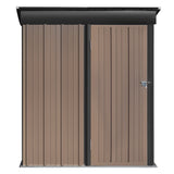 Metal garden tool storage shed with rooftop, side panel with black trim and door handle