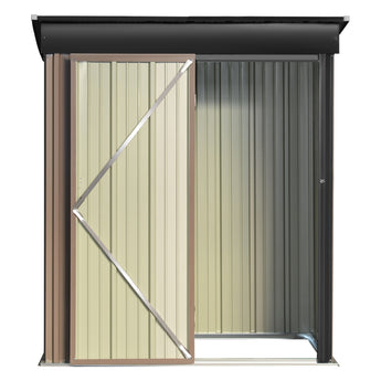 Metal garden tool storage shed with rooftop, one door open with diagonal support bar