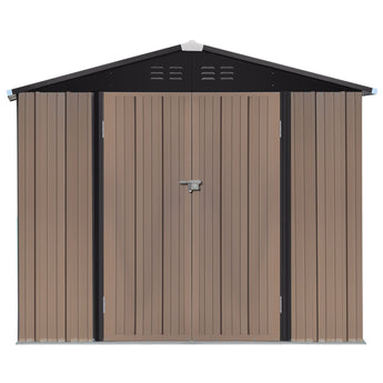 Metal garden tool storage shed with rooftop, front view with closed double doors and latch