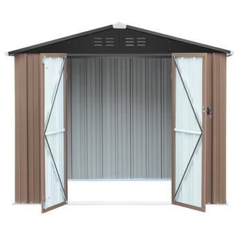 Metal garden tool storage shed with rooftop, open double doors and gray interior.