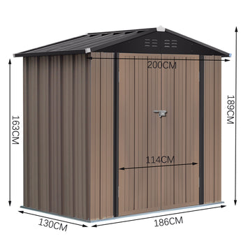 Metal garden tool storage shed with rooftop, open-top view size diagram with measurements