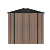 Metal garden tool storage shed with rooftop, front wall with latch and ventilation on roof