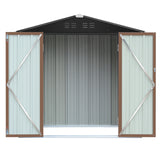 Metal garden tool storage shed with rooftop, front doors closed with diagonal braces