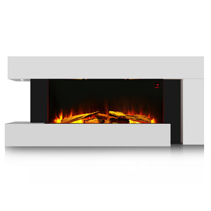 Close-up of freestanding electric fireplace insert with white trim, orange flame and logs.