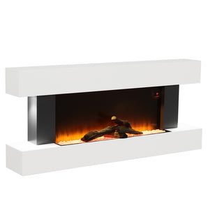 White electric fireplace insert with glowing logs and ember bed in open frame