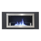 Inset bioethanol fireplace with black glass panel showing blue flames