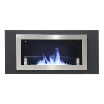 Inset bioethanol fireplace with black glass panel showing blue flames