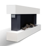 Freestanding white electric fireplace mantel with flame window and log bed