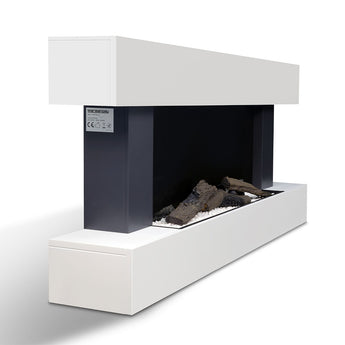Freestanding white electric fireplace mantel with flame window and log bed