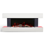 Front view of white electric fireplace with glowing flames and log/coal bed