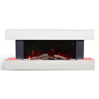 Front view of white electric fireplace with glowing flames and log/coal bed