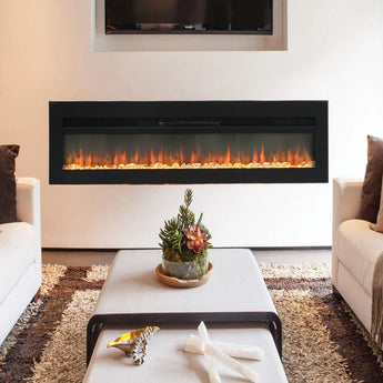 Wall-mounted electric fireplace with black frame showing an orange flame effect.