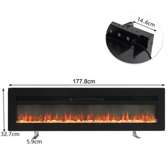 Black electric fireplace unit with side-view dimensions and flame display window.