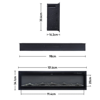 Maßskizze LED-Einsatzkamin: Breite 98cm, Höhe 20cm, Tiefe 34,1cm (Option 40–50)