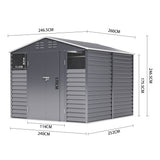 Charcoal metal garden tools shed with labeled dimensions, roof vents, and side louver panels