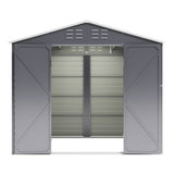 Charcoal metal garden tools shed front view with louvered side panels and double doors open