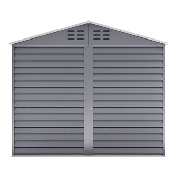 Charcoal metal garden tools shed rear view with ventilation grille at roof ridge