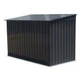 Outdoor metal garbage storage shed, dark gray body with ridged sides and hinged lid