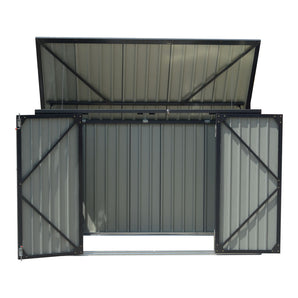 Outdoor metal garbage storage shed with hinged lid open and double doors, front view