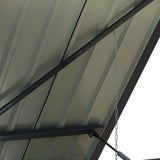 Hinged lid support chain on an outdoor metal garbage storage shed