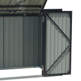 Outdoor metal garbage storage shed with hinged door open, metal brace and latch hardware