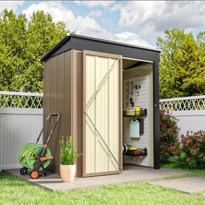 Metal garden tool storage shed with rooftop, open double doors, shelving inside