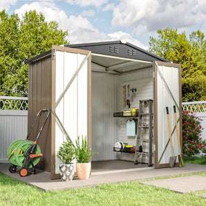 Metal garden tool storage shed with rooftop, open doors showing interior shelves and hooks