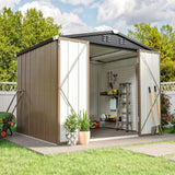Metal garden tool storage shed with rooftop, front view with open doors and stored tools