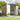 Metal garden tool storage shed with rooftop, front view with open doors and stored tools
