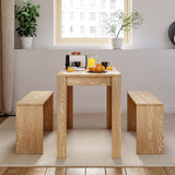 Natural wood dining set: table with two matching bench stools