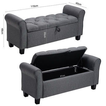 Gray storage bench ottoman with side arms; labeled dimensions 115cm x 48cm x 40cm