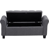 Gray storage ottoman bench with hinged lid open and interior storage space