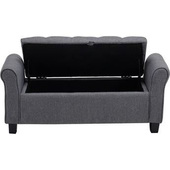 Gray storage ottoman bench with hinged lid open and interior storage space