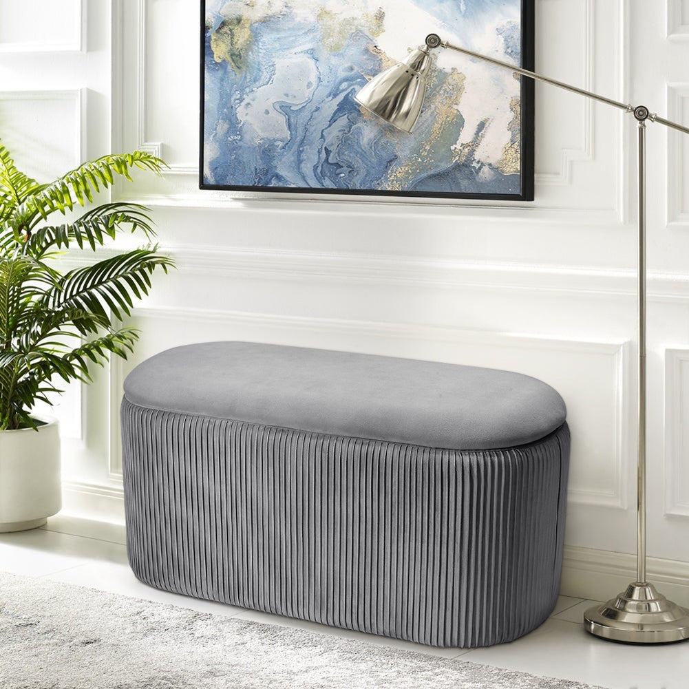 Oval Velvet Storage Ottoman Lift Up Lid Pleated Design