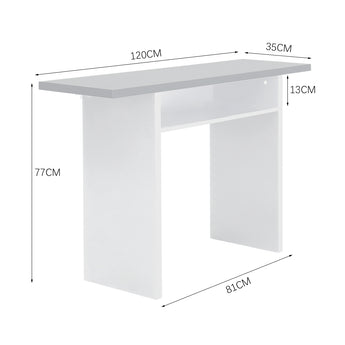 White console table with open shelf, size diagram shown alongside the product.