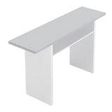 White entryway console table with open storage shelf and wide rectangular top.