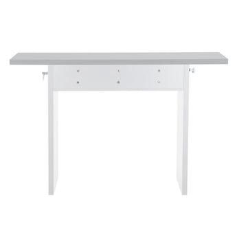 White console table with drawer storage panel and open space under the top.