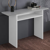 White makeup table with open lower shelf and tabletop for decor and accessories.