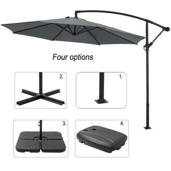 Dark grey cantilever parasol with four options—cross base, round base, cover, weight